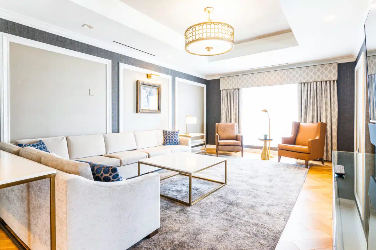 A sitting room in the Presidential Suite at Oak Grove Racing, Gaming & Hotel